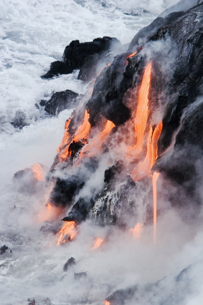 USA Hawaii Big Island View of Pahoehoe lava flowing into Pacific Ocean Kalapana Canvas Art - Ron Dahlquist Design Pics (11 x 17)