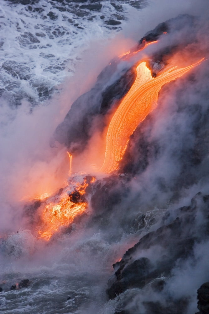 USA Hawaii Big Island View of Pahoehoe lava flowing into Pacific Ocean Kalapana Canvas Art - Ron Dahlquist Design Pics (11 x 17)