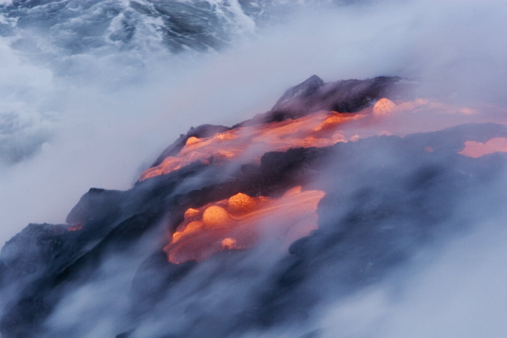 USA Hawaii Big Island View of Pahoehoe lava flowing into Pacific Ocean Kalapana Canvas Art - Ron Dahlquist Design Pics (34 x 22)