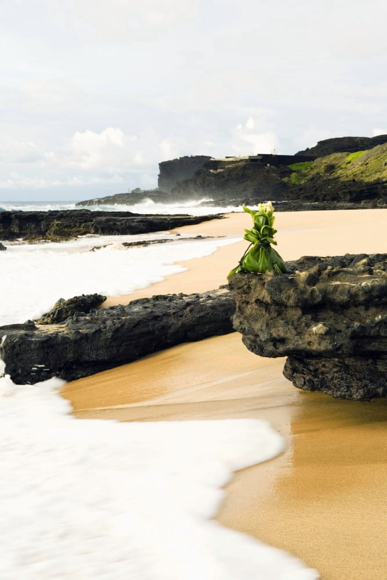 USA Hawaii Hawaiian offering on rock at shoreline Oahu Sandy beach Canvas Art - Dana Edmunds Design Pics (22 x 34)