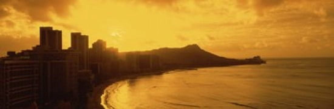 USA Hawaii Honolulu Waikiki Beach Sunrise view of city and beach Canvas Art - Panoramic Images (18 x 6)