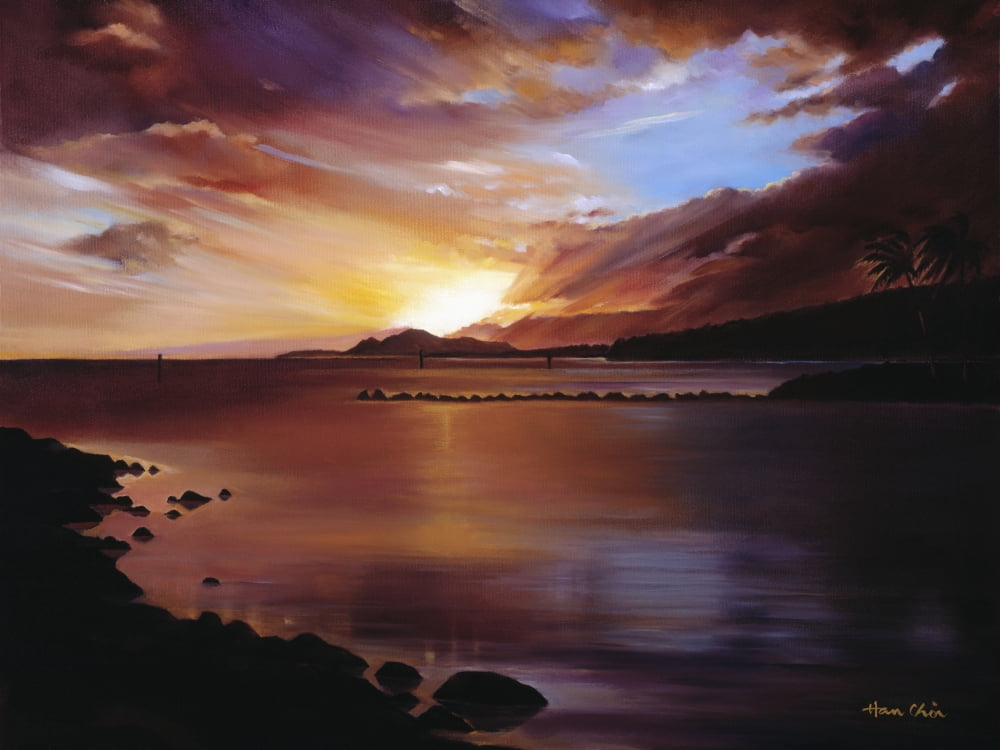 USA Hawaii Islands Oahu Landscape Of Sunset Over Ocean (Sunset of Hawaii Kai Oil Painting) Hawaii Kai Canvas Art - Han Choi Design Pics (17 x 13)