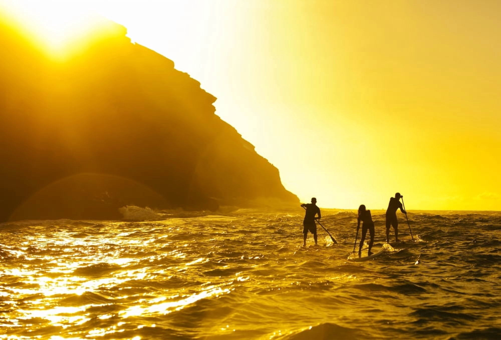 USA Hawaii Islands Oahu Three Stand Up Paddlers Passing Spitting Caves At Sunrise Portlock Canvas Art - Dana Edmunds Design Pics (17 x 11)