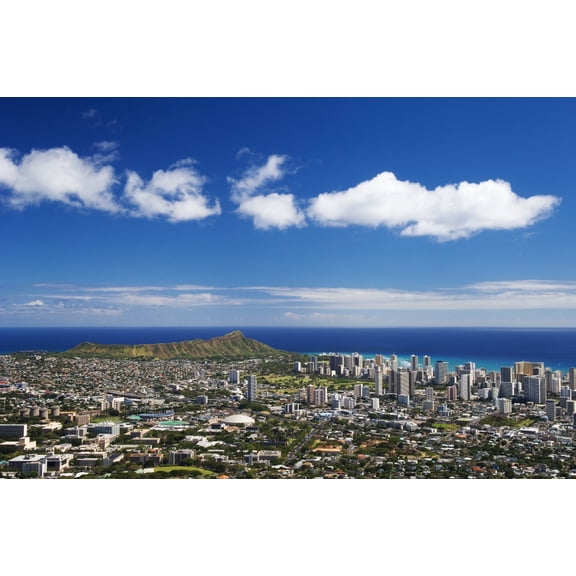 USA Hawaii Islands Oahu Uh Manoa and Waikiki seen from lookout at Puu Ualaokua Park Honolulu Diamond Head Canvas Art - Greg Vaughn Design Pics (17 x 11)