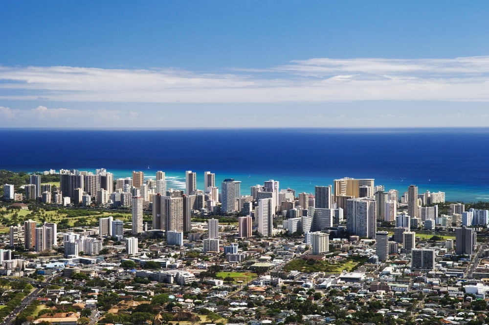 USA Hawaii Islands Oahu Waikiki seen from lookout at Puu Ualaokua Park Honolulu Canvas Art - Greg Vaughn Design Pics (34 x 22)
