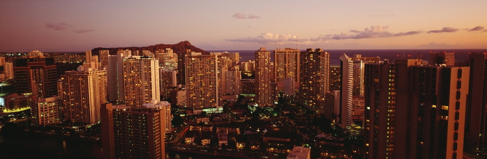 USA Hawaii Kauai Evening Glow On City Buildings At Dusk Waikiki Canvas Art - Carl Shaneff Design Pics (29 x 9)
