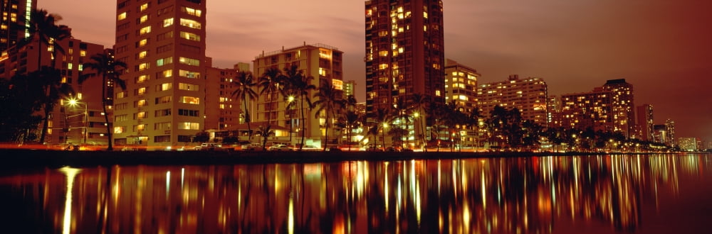 USA Hawaii Kauai Glow Of City Lights On Ala Wai Canal At Dusk Waikiki Canvas Art - Carl Shaneff Design Pics (36 x 12)