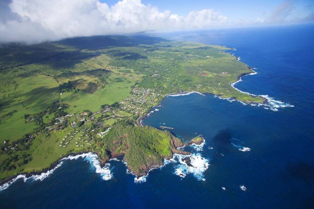 USA Hawaii Maui Aerial view of town Hana Canvas Art - Ron Dahlquist Design Pics (34 x 22)