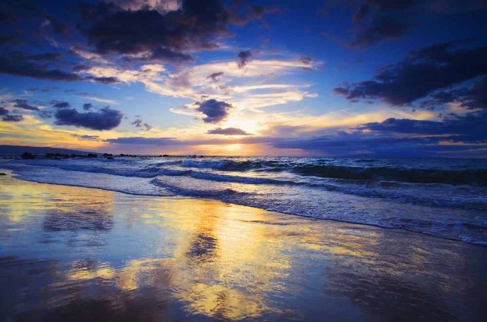 USA Hawaii Maui Sunset At Mokapu Beach Wailea Canvas Art - Ron Dahlquist Design Pics (34 x 22)