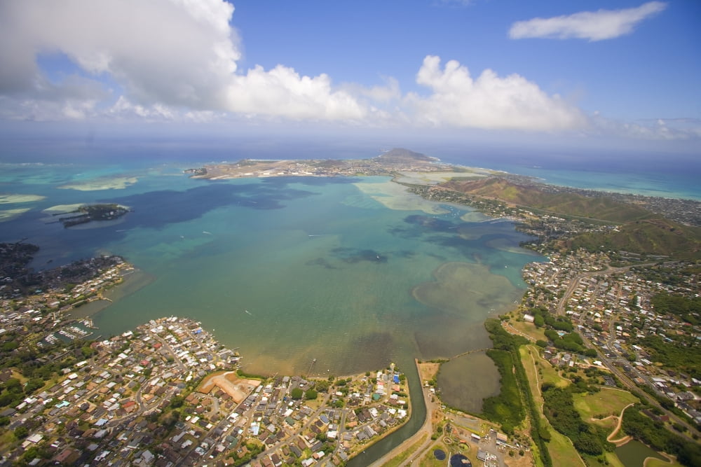 USA Hawaii Oahu Aerial view of Kaneohe Bay Windward Coast Canvas Art - Ron Dahlquist Design Pics (17 x 11)