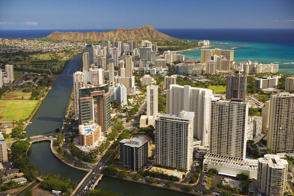 USA Hawaii Oahu Aerial view of Waikiki Honolulu Canvas Art - Dana Edmunds  Design Pics (18 x 12)