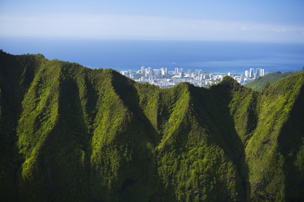 USA Hawaii Oahu Aerial view of city overlooking Koolau Mountains Honolulu Canvas Art - Dana Edmunds  Design Pics (34 x 22)