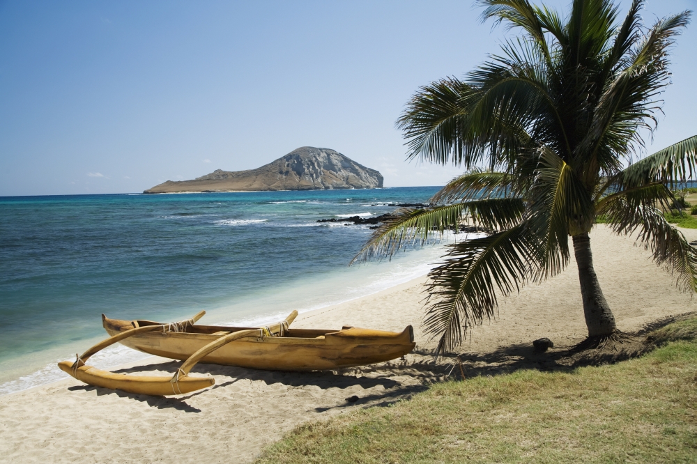 USA Hawaii Oahu East Shore Rabbit Island and Koa Canoe Waikiki Canvas Art - Peter French Design Pics (38 x 24)