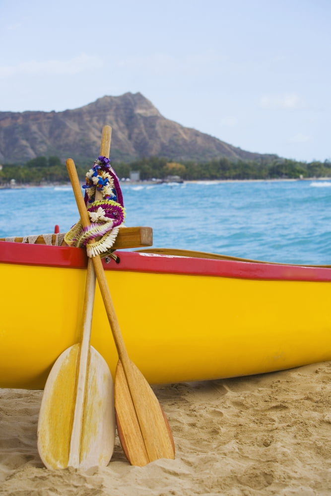 USA Hawaii Oahu Honololu funeral for Don Ho Waikiki Canoe paddles and Lei leaning on outrigger canoe Canvas Art - Dana Edmunds Design Pics (24 x 38)