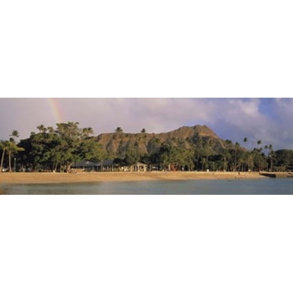 USA, Hawaii, Oahu, Honolulu, Diamond Head St Park, View of a rainbow over a beach resort Poster Print (18 x 6)