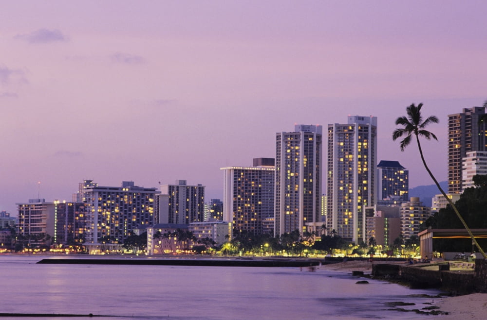 USA Hawaii Oahu Honolulu Hotels on Waikiki beach at dusk Waikiki Canvas Art - Robert Sablan Design Pics (34 x 22)