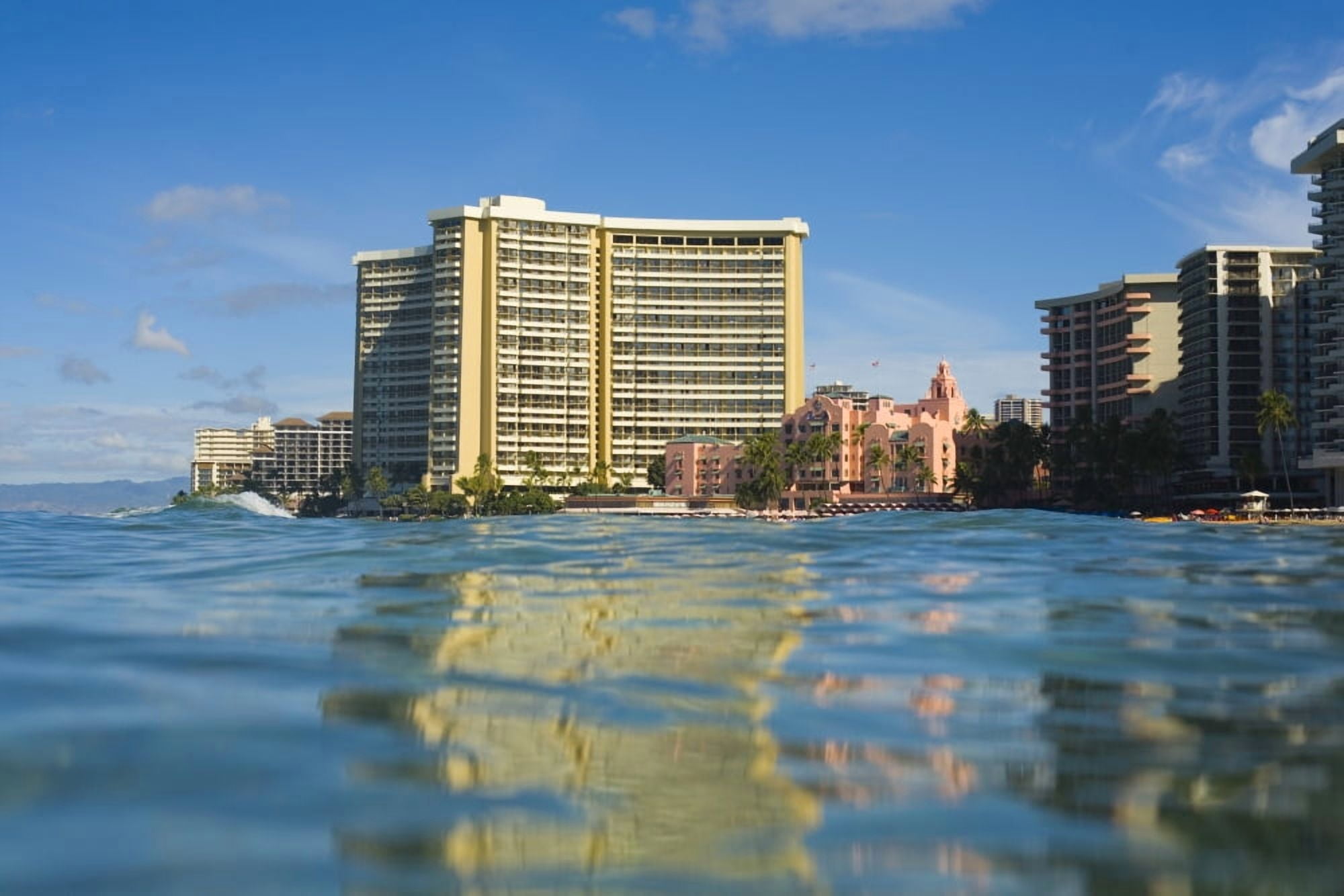 USA Hawaii Oahu Honolulu Sheraton Waikiki And Royal Hawaiian Hotel seen from Pacific ocean Waikiki Canvas Art - Dana Edmunds  Design Pics (34 x 22)