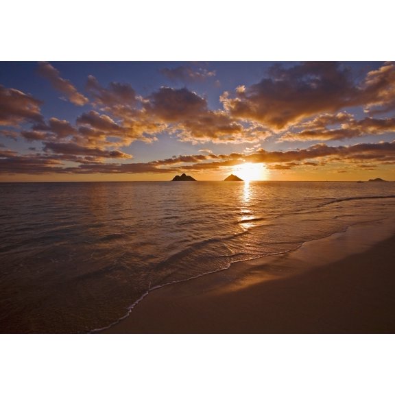 USA Hawaii Oahu Lanikai Beach with Mokulua island in background at sunrise Lanikai Canvas Art - Tomas del Amo Design Pics (17 x 11)