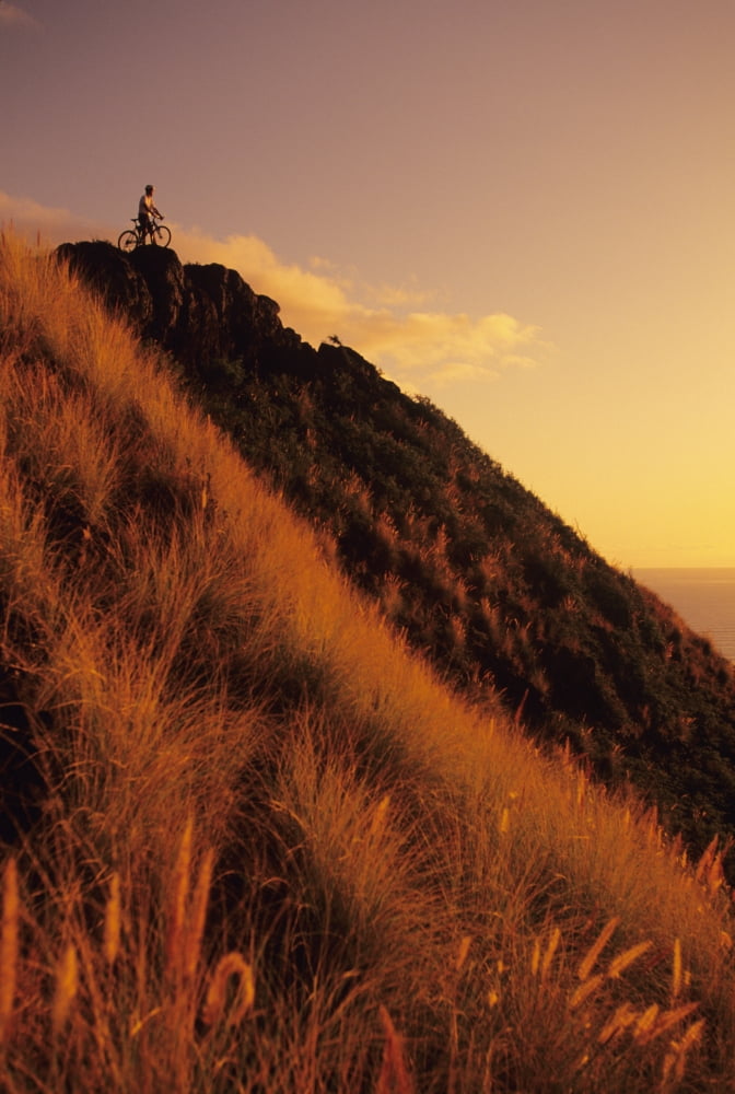 USA Hawaii Oahu Mountain Bbiker at top of hill at sunset Lanikai Canvas Art - Dana Edmunds Design Pics (22 x 34)