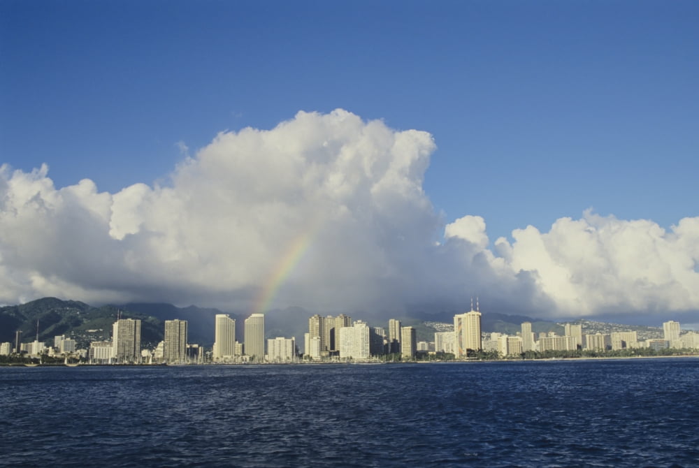 USA Hawaii Oahu Rainbow over Waikiki Honolulu Canvas Art - Chris Abraham Design Pics (34 x 22)