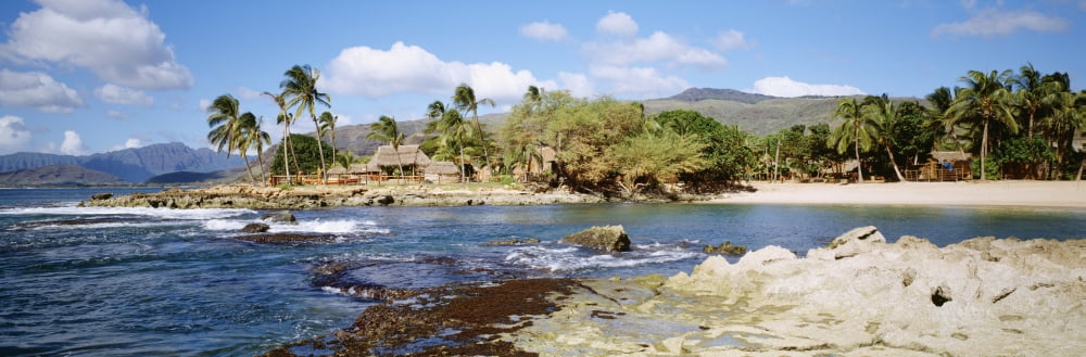 USA Hawaii Oahu Thatched Huts Along Shoreline Paradise Cove Canvas Art - David Cornwell Design Pics (29 x 9)