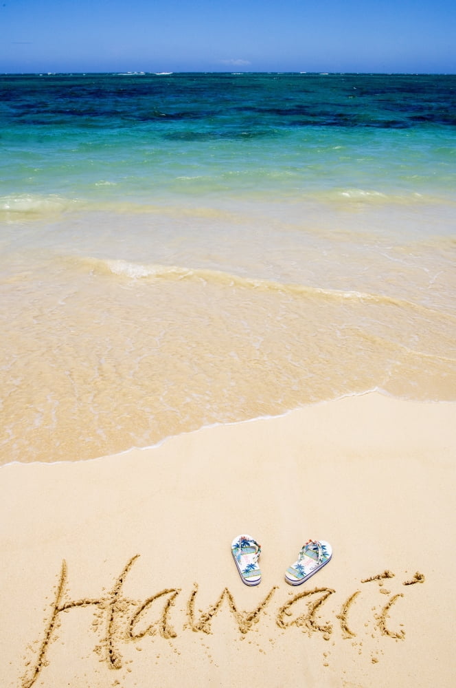 USA Hawaii Ocean in background Kailua Flipflops and Hawaii written in sand Canvas Art - Tomas del Amo Design Pics (24 x 36)