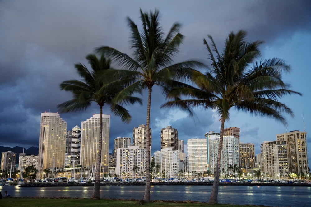 USA Hawaii USA Hawaii Oahu Evening View of City From Magic Island Waikiki Canvas Art - Peter French Design Pics (17 x 11)