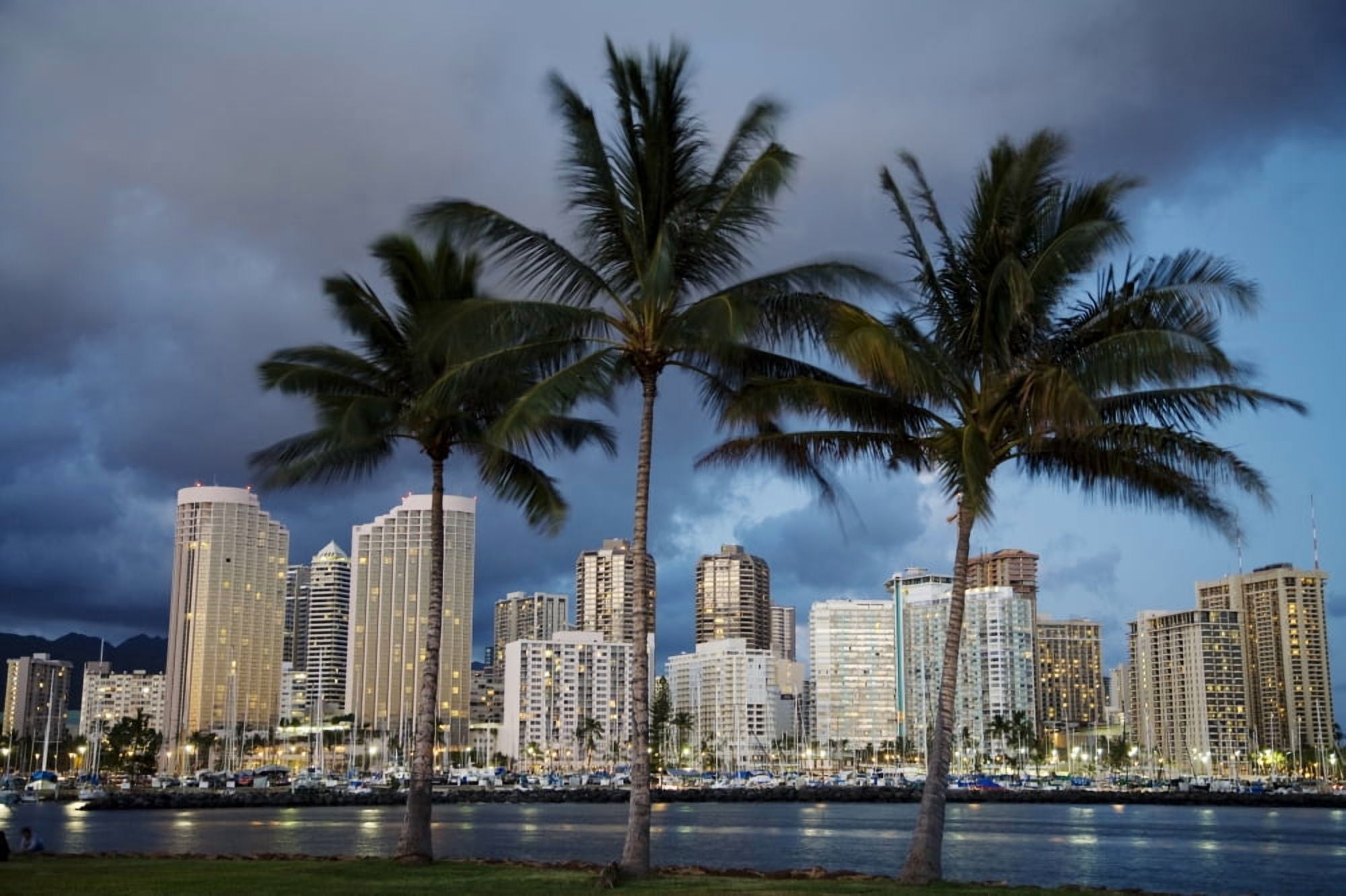 USA Hawaii USA Hawaii Oahu Evening View of City From Magic Island Waikiki Canvas Art - Peter French Design Pics (34 x 22)