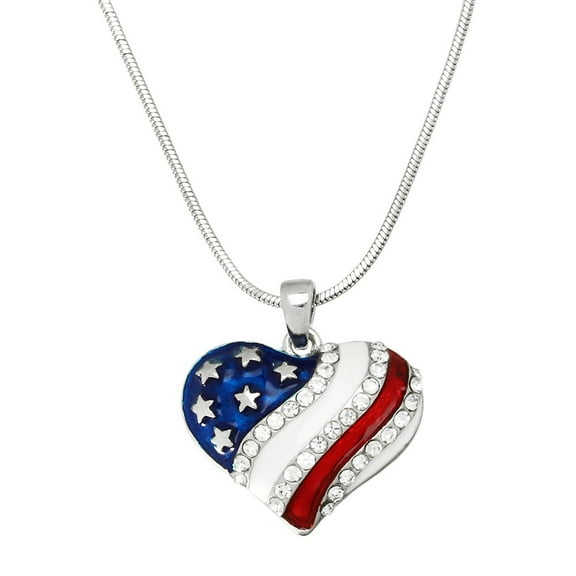 USA Heart Pendant Necklace or Earring Rhinestone Crystal Rhodium Plated 17 Inch Snake Chain J0334
