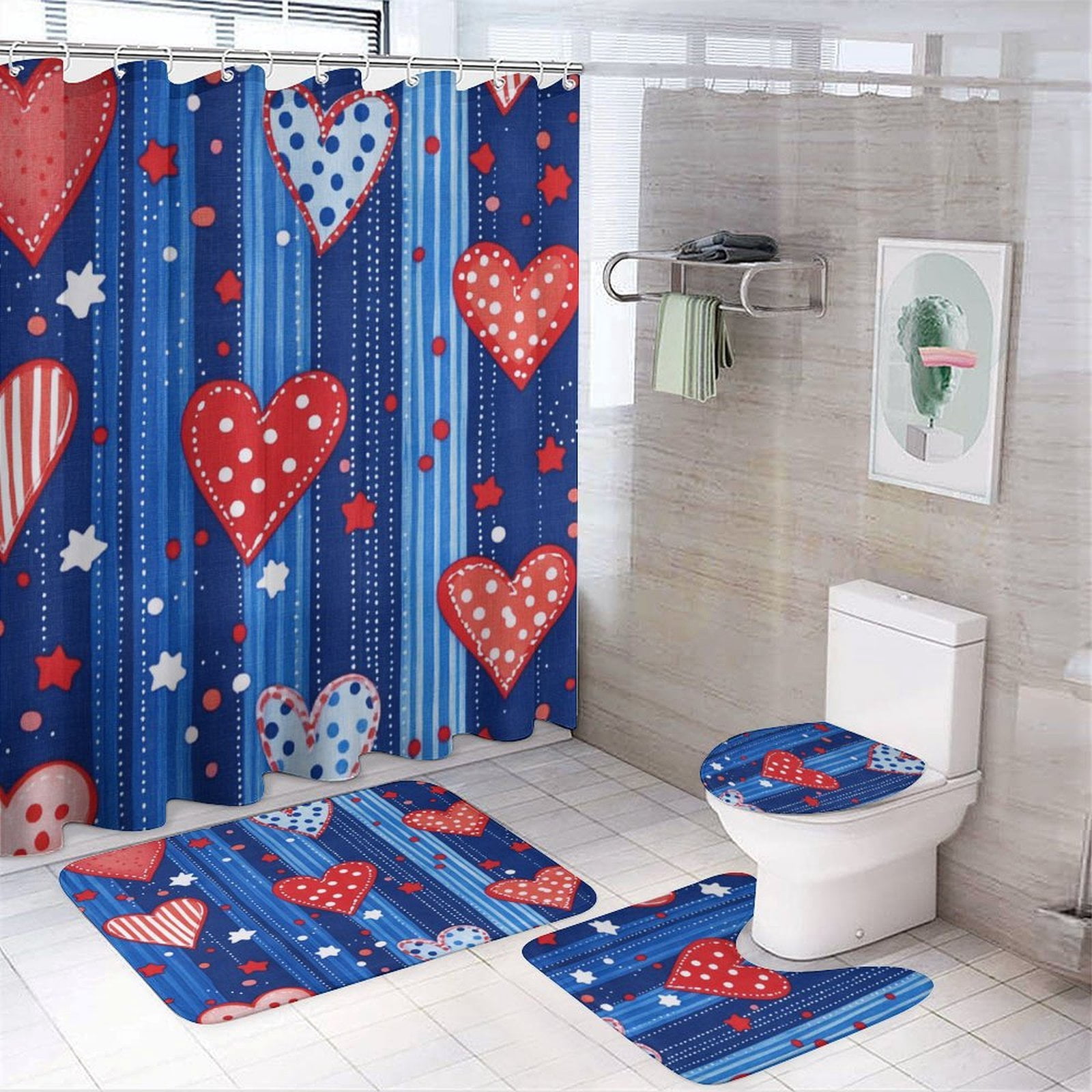 USA Hearts & Stars 4 Pcs Shower Curtain Set Shower Curtain And Rugs Shower Curtain Set Independence Labor Day Waterproof Fabric Bath Curtain for Bathroom Decor Set