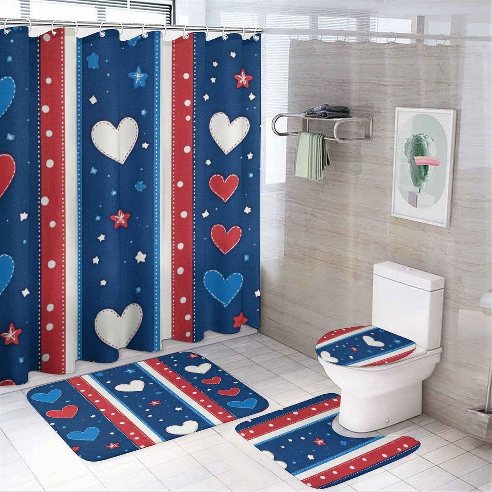 USA Hearts & Stars Shower Curtain Sets 4 Piece Bathroom Shower Curtain Set with Rugs Memorial Day Patriotic Waterproof Fabric Bath Curtain for Bathroom Decor Set