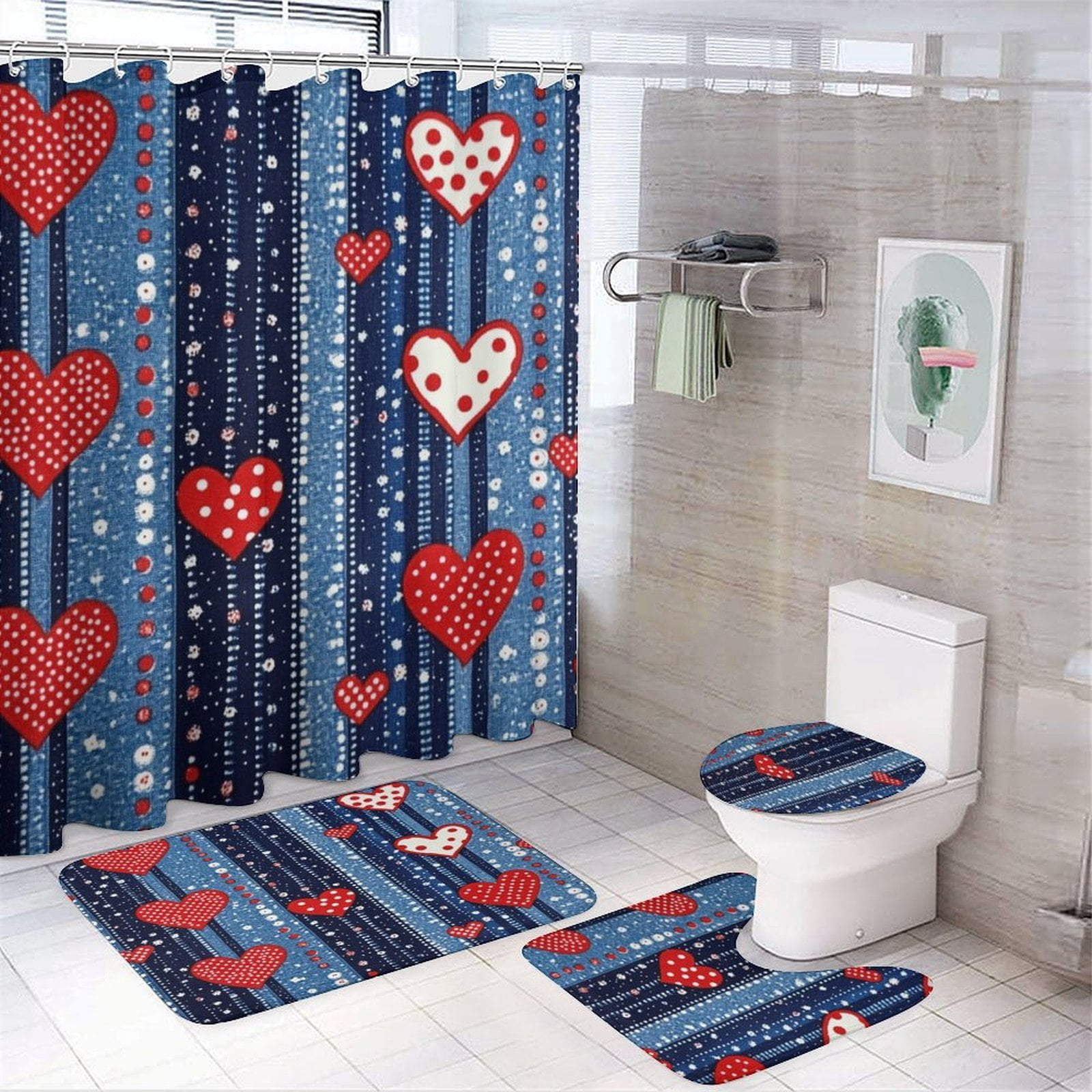 USA Hearts & Stars Shower Curtain Sets 4 Piece with Non-Slip Rugs Toilet Lid Cover And Bath Mat 4th of July Durable And Waterproof for Bathroom Decor