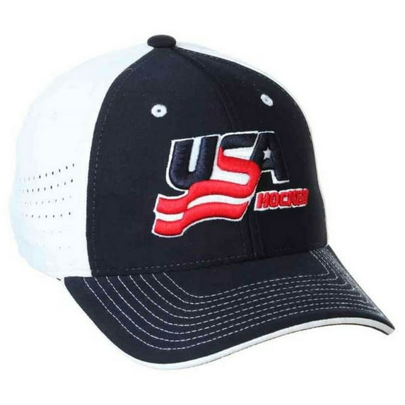 USA Hockey Baseball Cap Hat Embroidered Logo Adjust Ventilated Back Navy/White