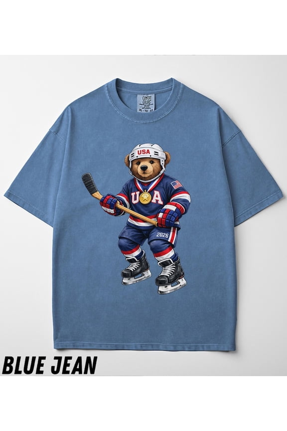 USA Hockey Bear Graphic Shirt Patriotic Ice Hockey Mascot Vintage Team Spirit Design Comfort Colors Unisex Cotton T-Shirt, Sizes S-3XL