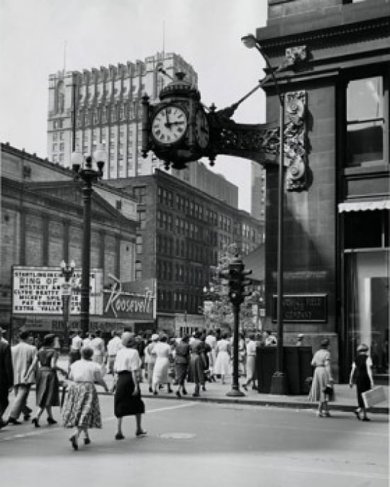 USA Illinois Chicago Marshall Field Clock mounted on wall of building Canvas Art - (18 x 24)