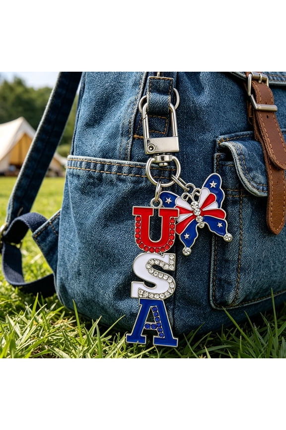 USA Independence Day Keychain, Flag Rhinestone Key Chain, Patriotic Theme Jewelry, Holiday Gift Accessory(Bluetwo)