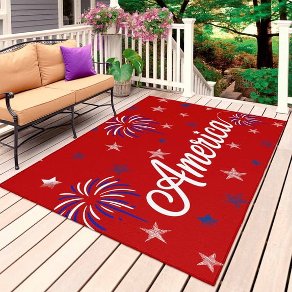 USA Independence Day Outdoor Rug 4x6 Ft, Non Slip Washable Area Rug, Red Fireworks Stars Patio Rugs Carpet Runner, Large Floor Mat for Indoor/Outdoor Deck Porch Camping