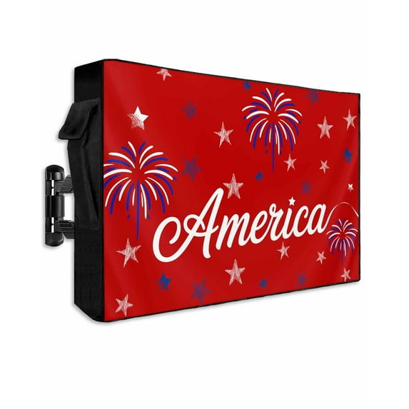 USA Independence Day Outdoor TV Cover 40 to 43 Inch Weatherproof, Red Fireworks Stars 600D Oxford TV Covers with Waterproof Zipper, Outside Flat TV Screen Protector Size 40"W x 25"H x 4.5"D