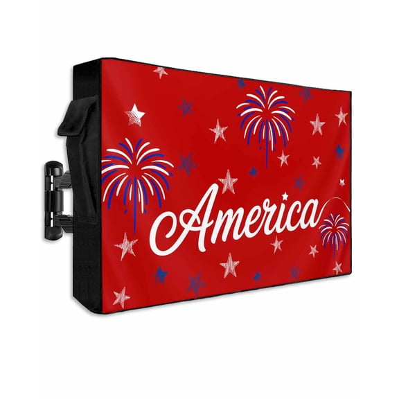 USA Independence Day Outdoor TV Cover 48 to 50 Inch Weatherproof, Red Fireworks Stars 600D Oxford TV Covers with Waterproof Zipper, Outside Flat TV Screen Protector Size 48"W x 30"H x 4.5"D