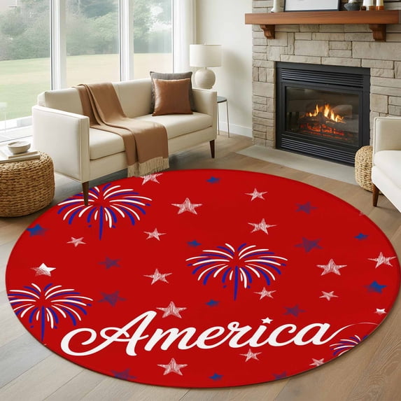 USA Independence Day Round Area Rug 5 FT, Non Slip Bedroom Rugs, Red Fireworks Stars Washable Soft Circular Carpet Non-Shedding Floor Mat for Kitchen Dining Room Foyer Balcony Dorm