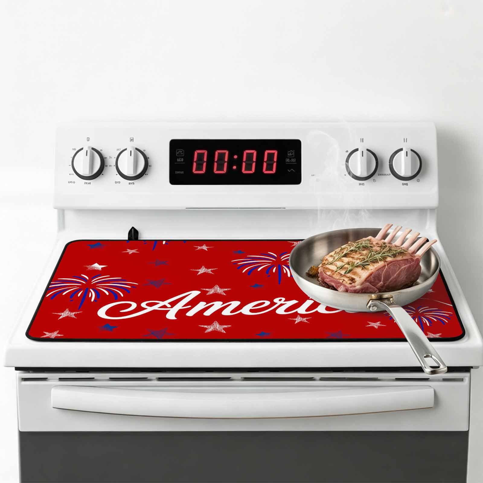 USA Independence Day Stove Top Cover for Electric Stove, Heat-proof & Non Slip Glass Top Stove Cover Protector, Red Fireworks Stars Kitchen Flat Cooktop Rubber Mat 24x21 Inches