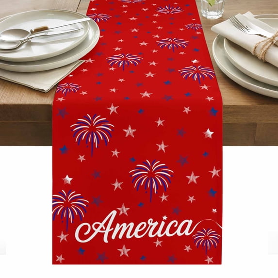 USA Independence Day Table Runner - 70 Inch Long, Kitchen Dining Table Runner Dresser Scarves, Red Fireworks Stars Farmhouse Decor for Coffee Tables Wedding Party Banquet