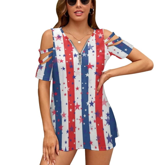 USA Independence Day Womens Summer V Neck Zipper Top Short Sleeve T Shirt Off Shoulder Top Casual Classy Loose Shirts