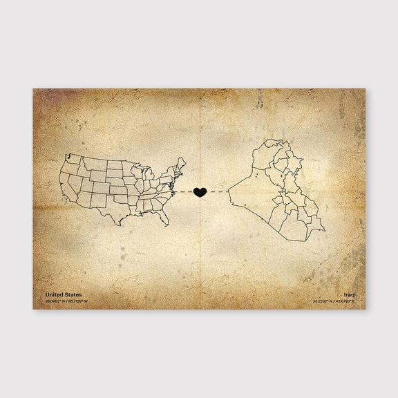 USA Iraq Connection Map Canvas Wall Art 8x12 inch -USA Iraq Connection Map Antique Rustic Canvas Decor for Study Room and Home Office