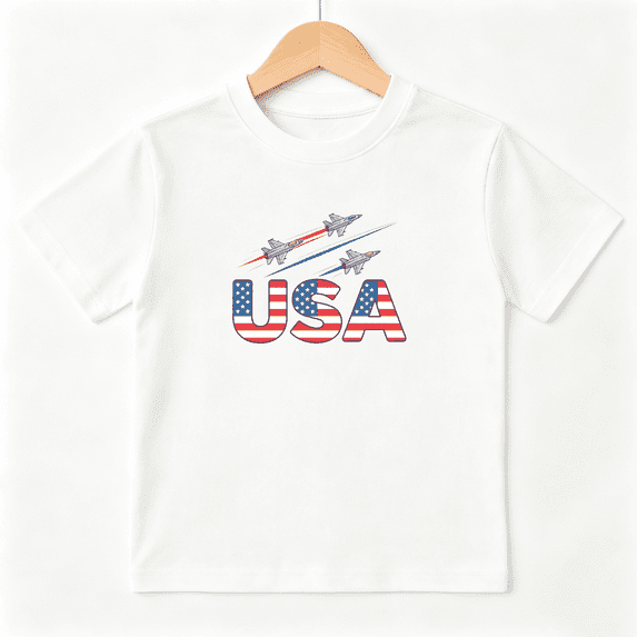 USA Jet Fighter Jets 4th July Boys Graphic Tee, Patriotic 100% Cotton Kids Short Sleeve T-Shirt 4-13Y