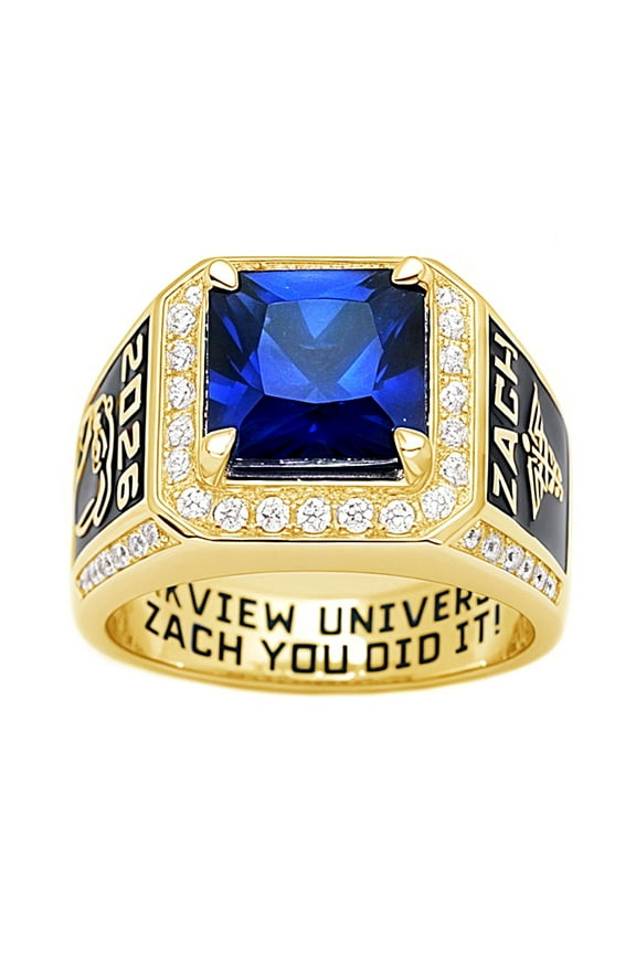 USA Jour Nouveau Jewelry Personalized Class Ring for Men, Customized Graduation Gift, Classic Men's Ring Deluxe Square -Gold Plated Sterling Silver