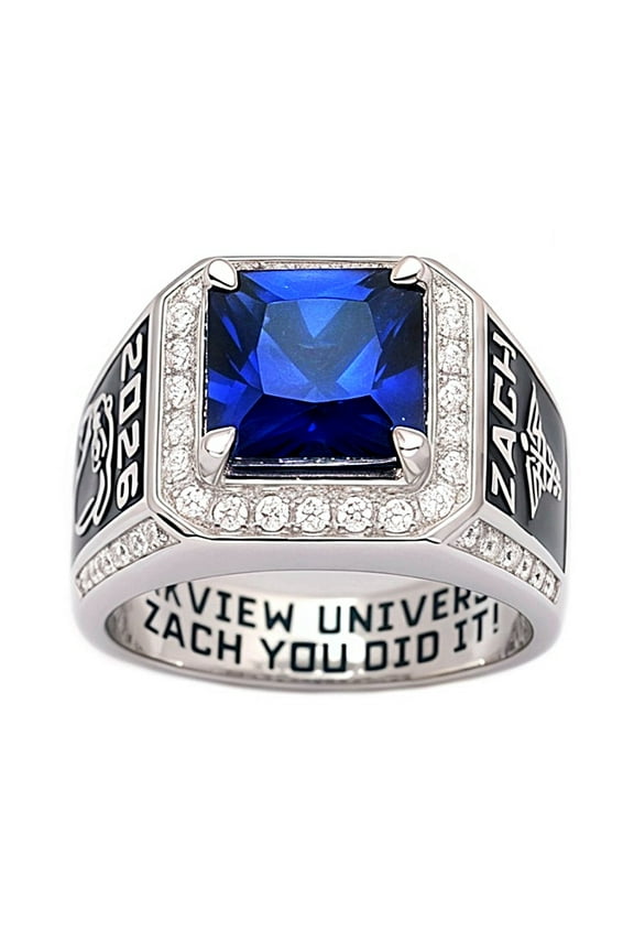 USA Jour Nouveau Jewelry Personalized Class Ring for Men, Customized Graduation Gift, Classic Men's Ring -Platinum Plated Sterling Silver