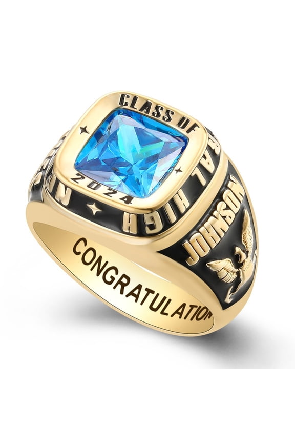 USA Jour Nouveau Jewelry Personalized Class Ring for Men, Customized Graduation Gift, Classic Men's Ring Square -Gold Plated Sterling Silver