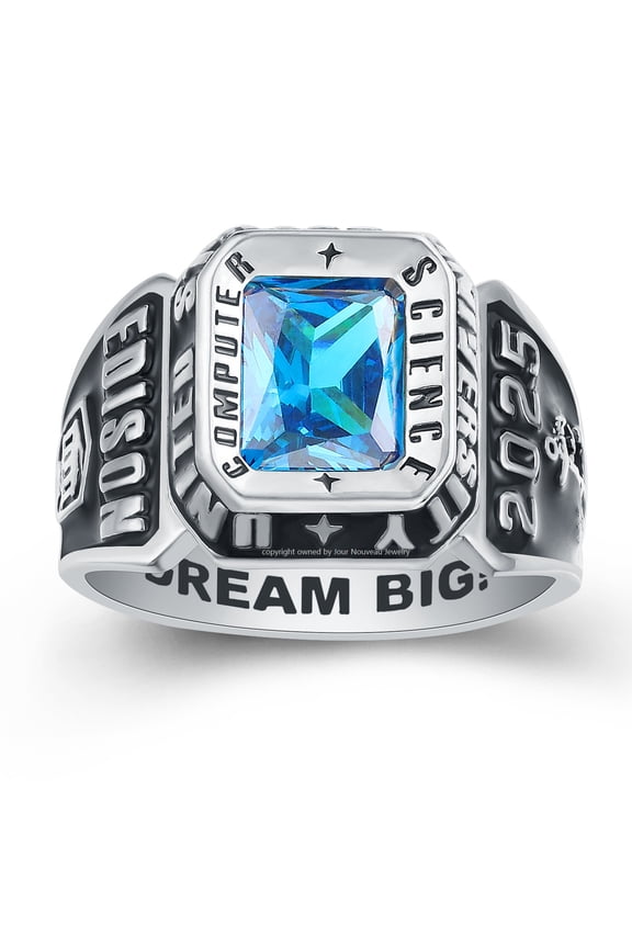 USA Jour Nouveau Jewelry Personalized Class Ring for Men, Customized Graduation Gift, Men's Square Class Ring - Platinum Plated Sterling Silver