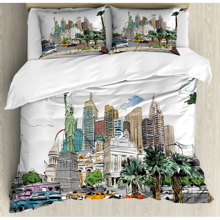 USA Hand Drawn Las Vegas City Nevada Street Sketch Buildings Statue of Liberty Cars Palms Duvet Cover Set Ambesonne Size: King